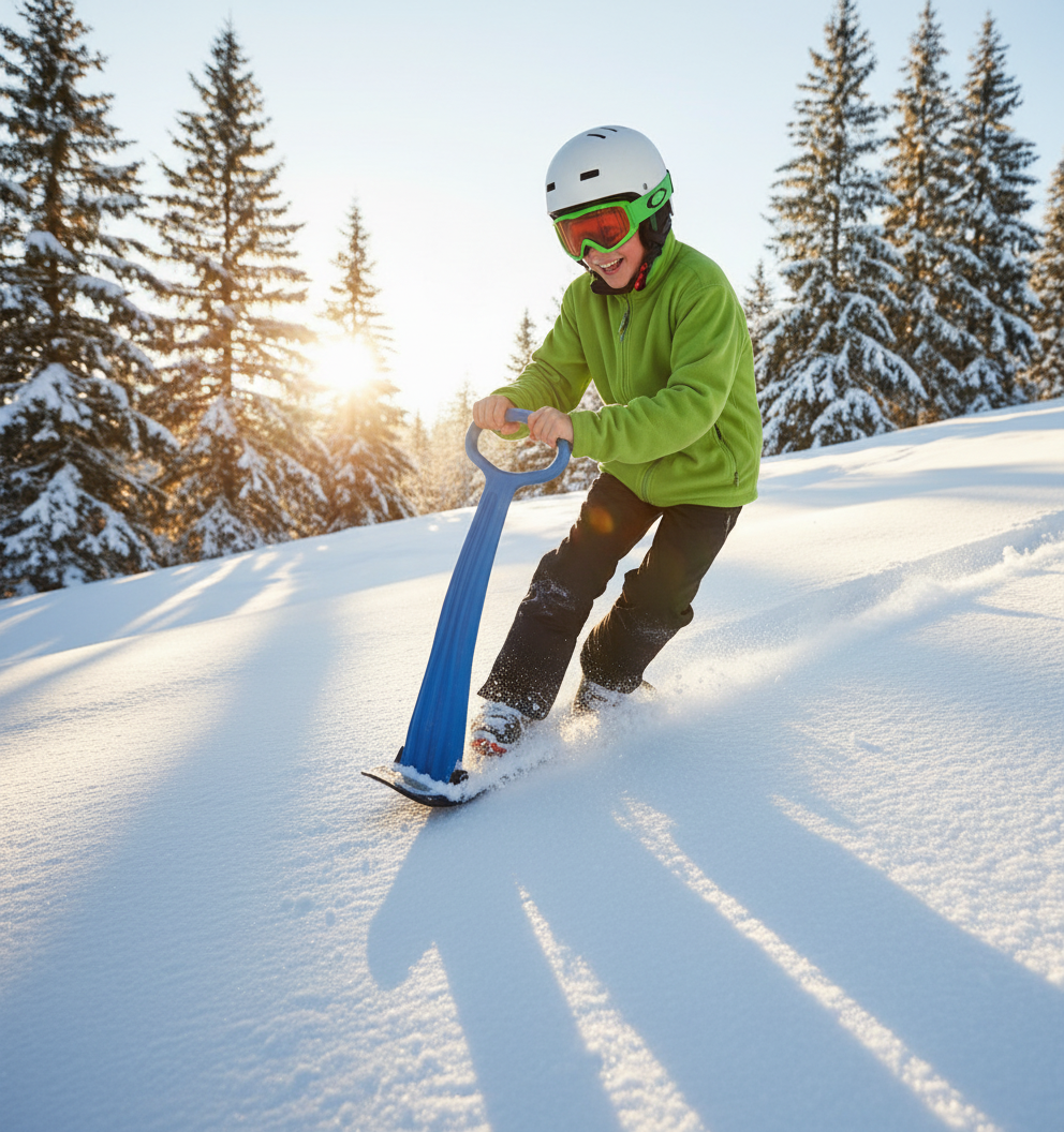 dreng står på snowrider snowboard-kælk med håndtag i blå