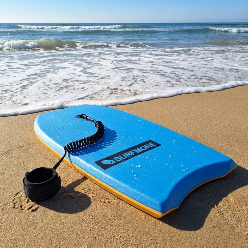 SURFMORE Ride Bodyboard 37" i Blå på stranden